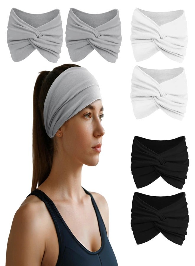 HSEM Headbands for Women, Non Silp Wide Hair Bands, Elastic Thick Head Bands, Stretchy Soft Sports Sweat Bands for Spa Workout Running Gym, Cotton Cloth Hair Accessories 6Pcs, Two Black/White/Gray - Image 1